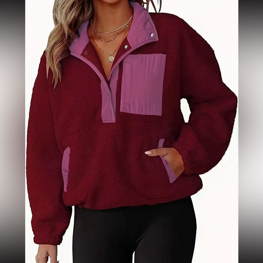 Patchwork Burgundy and Pink Fleece Pullover